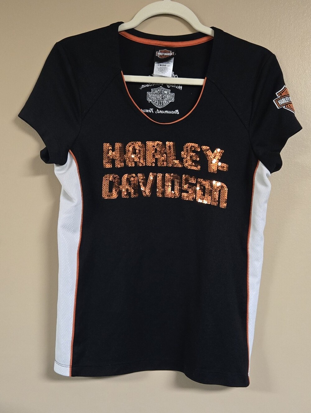 HARLEY DAVIDSON Black Orange Sequin Short Sleeve Shirt